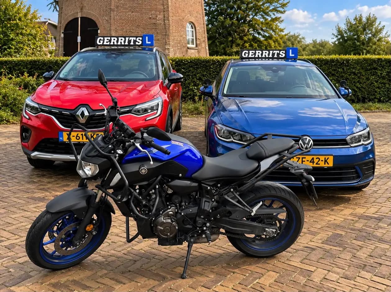 Rode Renault Captur, blauwe Volkswagen Polo en blauwe Yamaha-lesmotor met GERRITS-lesbordjes